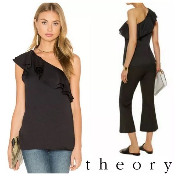 Theory Tops - Theory One Shoulder Top blouse Damarill Black Ruffled 100% Cotton Size S